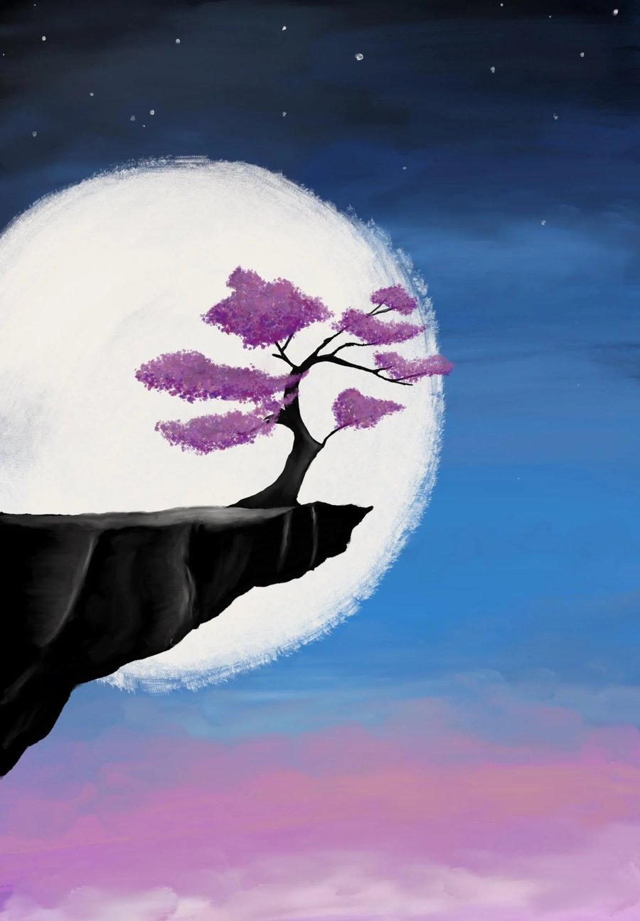 Purple flowering tree before a full moon, above a blue and pink sky