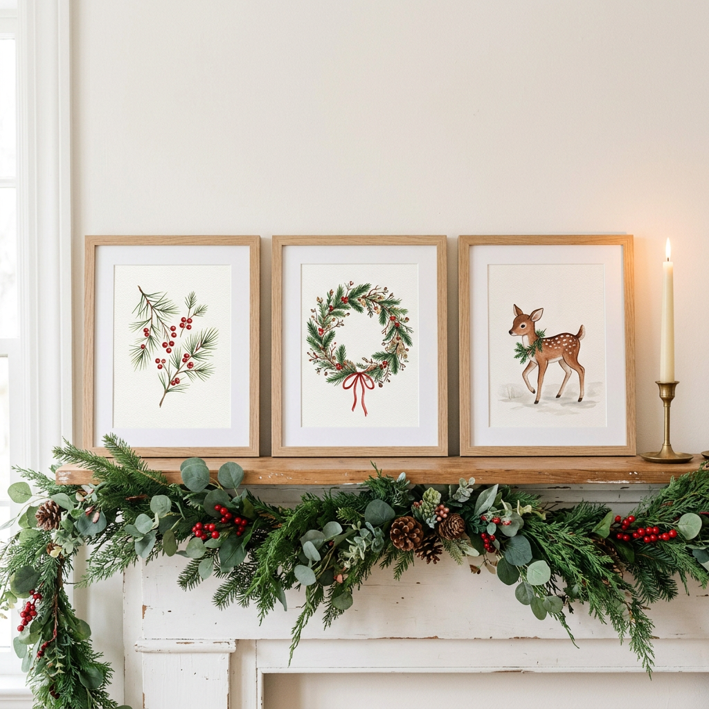 Three framed Christmas prints: pine and berries, a wreath and a fawn