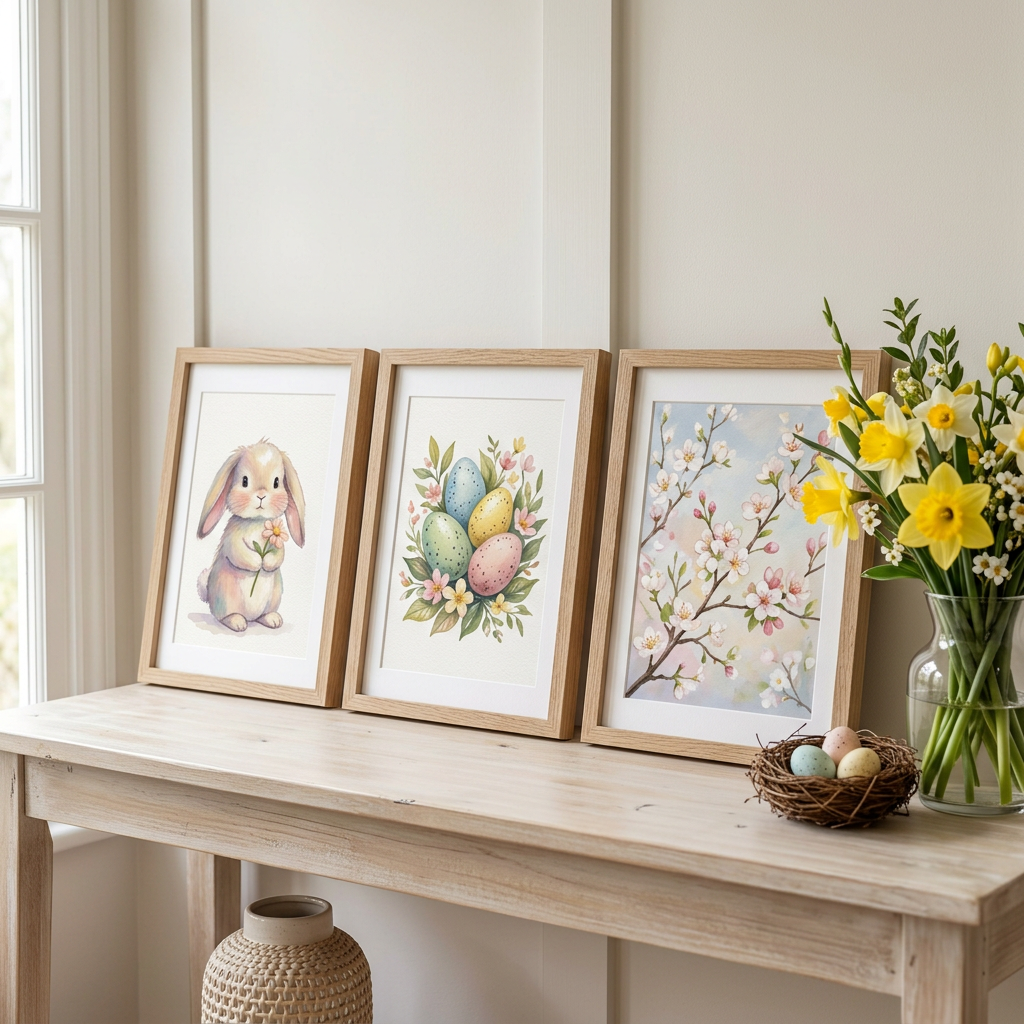 Three framed Easter prints: a bunny, speckled eggs and blossom