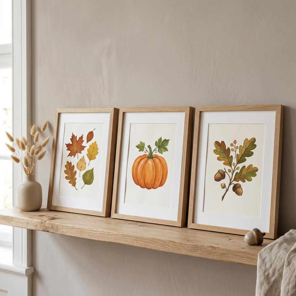 Three framed fall prints: leaves, a pumpkin and an acorn sprig