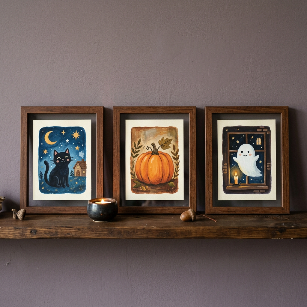 Three framed Halloween prints: a black cat, a pumpkin and a ghost