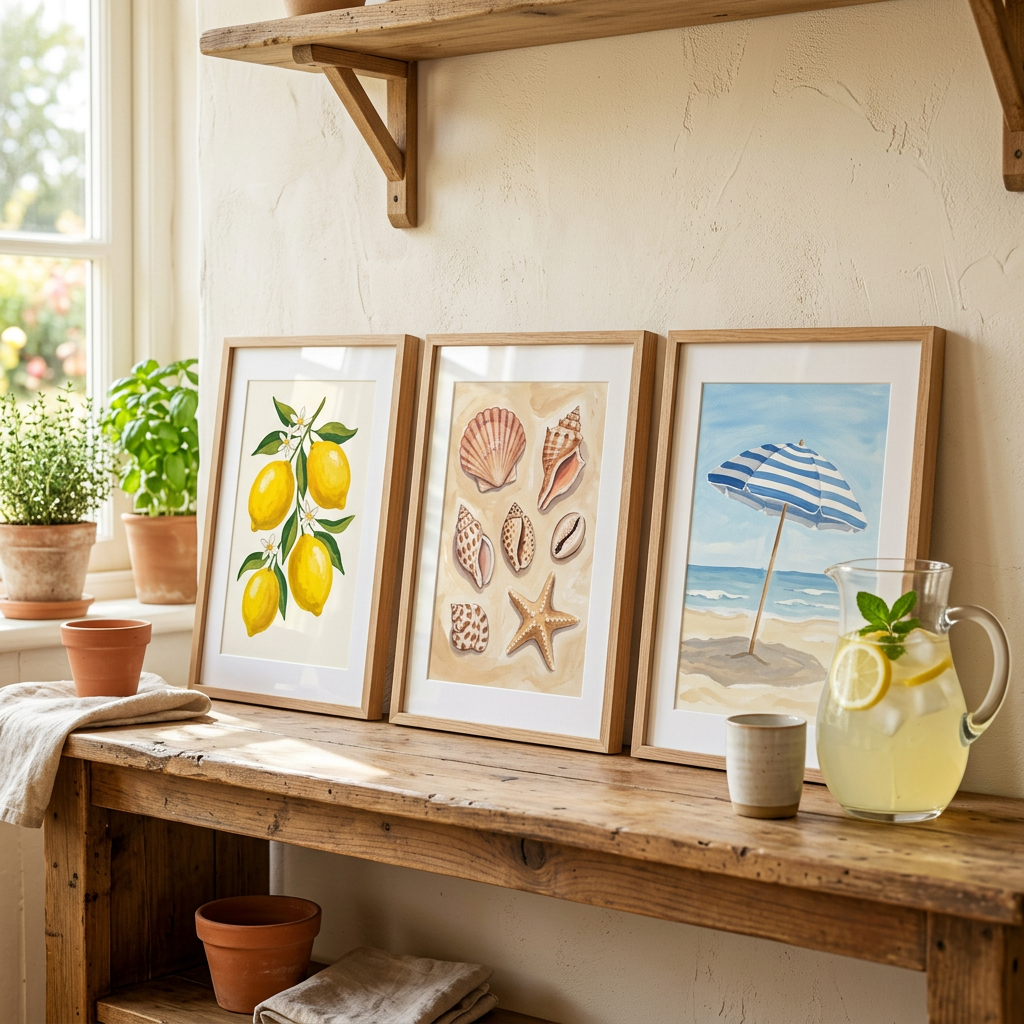 Three framed summer prints: lemons, seashells and a beach umbrella