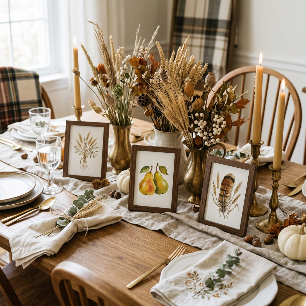 Three framed harvest prints of wheat, pears and a feather on a dining table