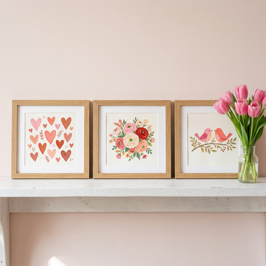 Three framed Valentine's prints: hearts, ranunculus and two birds
