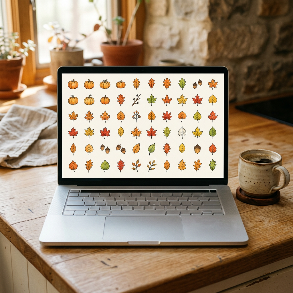 A laptop on a kitchen counter showing a grid of small autumn illustrations