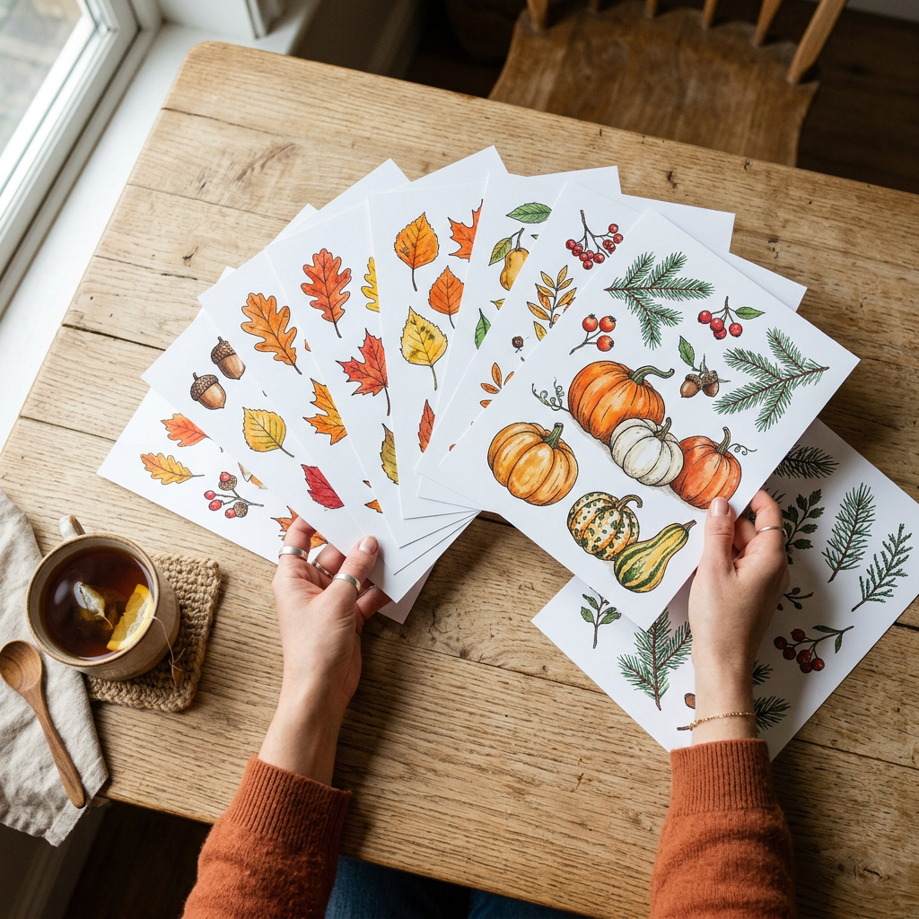 Hands fanning out printed sheets of fall and winter illustrations on a kitchen table