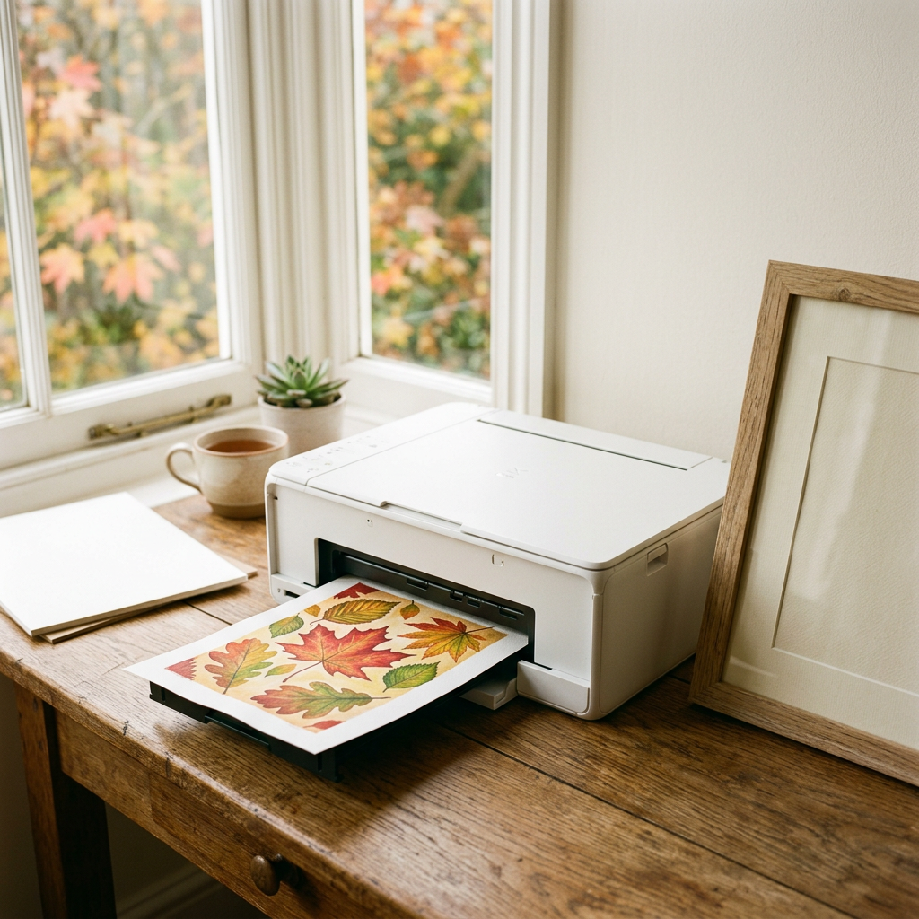 A printer on a wooden desk with a freshly printed leaf illustration and an empty frame beside it